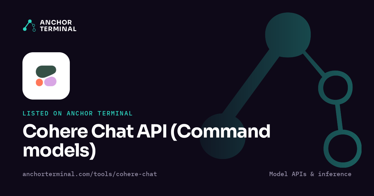 Cohere Chat API (Command models), listed on Anchor Terminal, dark sharing image