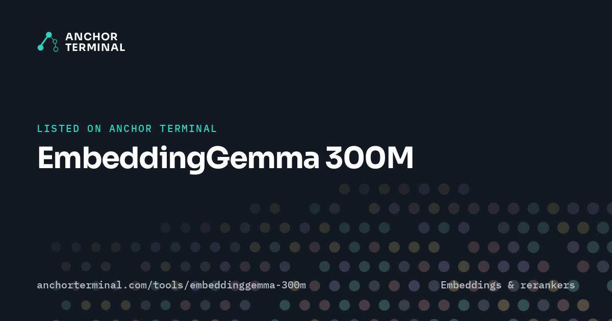 EmbeddingGemma 300M, listed on Anchor Terminal, dark sharing image
