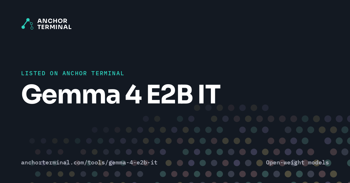 Gemma 4 E2B IT, listed on Anchor Terminal, dark sharing image