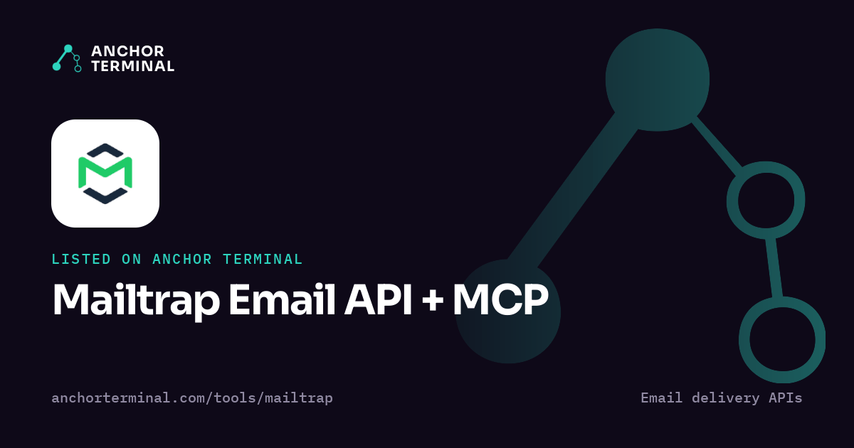 Mailtrap Email API + MCP, listed on Anchor Terminal, dark sharing image