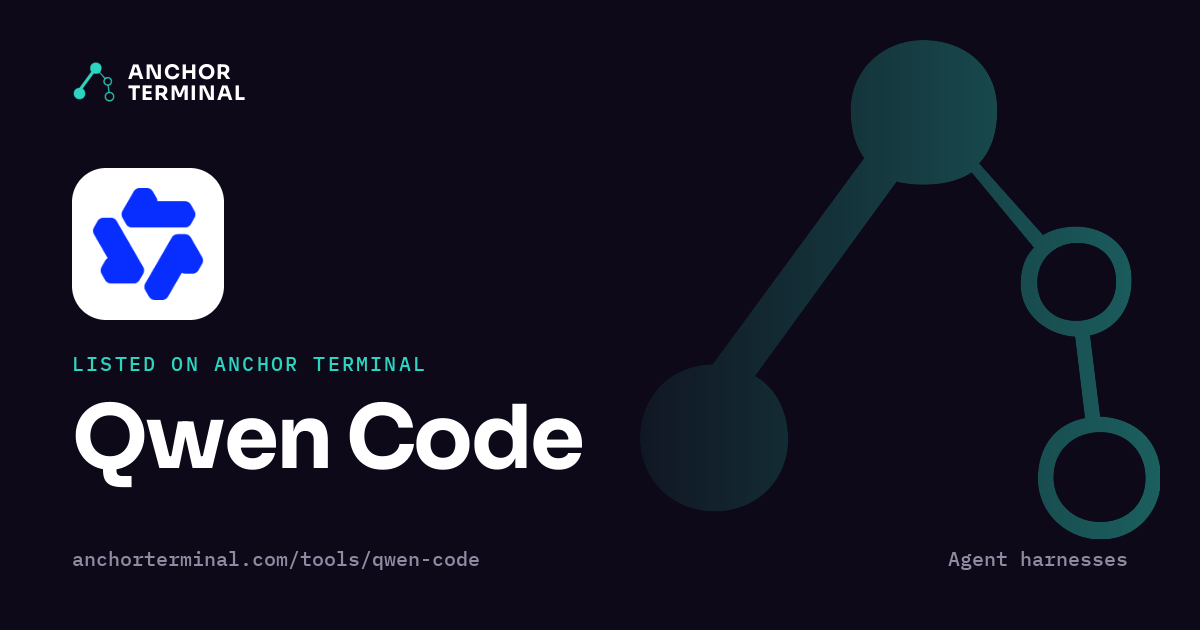 Qwen Code, listed on Anchor Terminal, dark sharing image