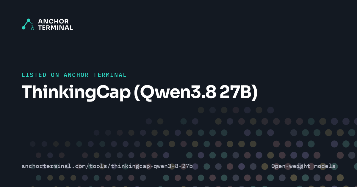 ThinkingCap (Qwen3.8 27B), listed on Anchor Terminal, dark sharing image